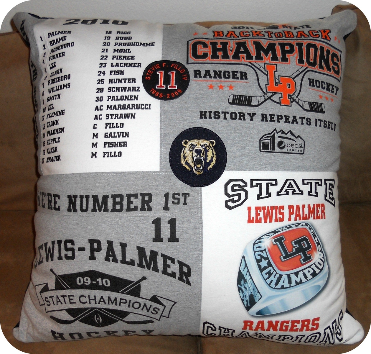 Hockey T-Shirt Pillow by Moss Quilts & Embroidery at CustomMade.com