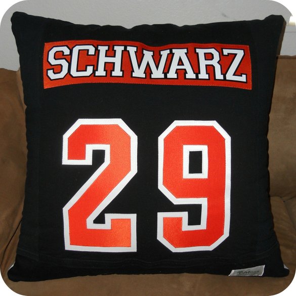 Hockey T-Shirt Pillow Reverse Side with Name and Jersey Number by Moss Quilts & Embroidery at CustomMade.com
