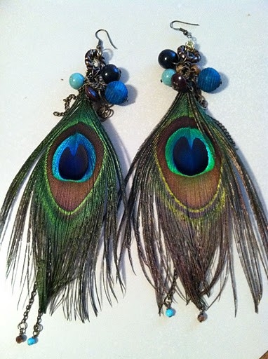 Peacock Feather Earrings Wire Wrapped with Beads by Dossey Designs Daring Unique Jewelry at CustomMade.com